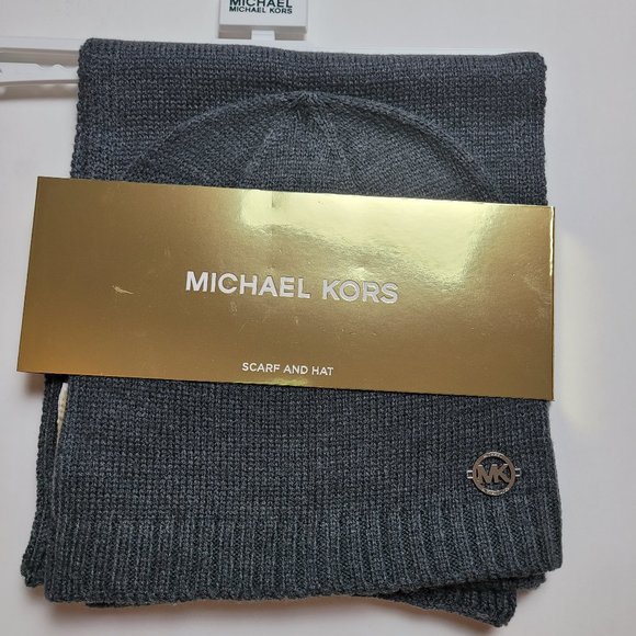 MK Michael Kors Beanie & Scarf Set Knit OS Gray - Picture 1 of 5